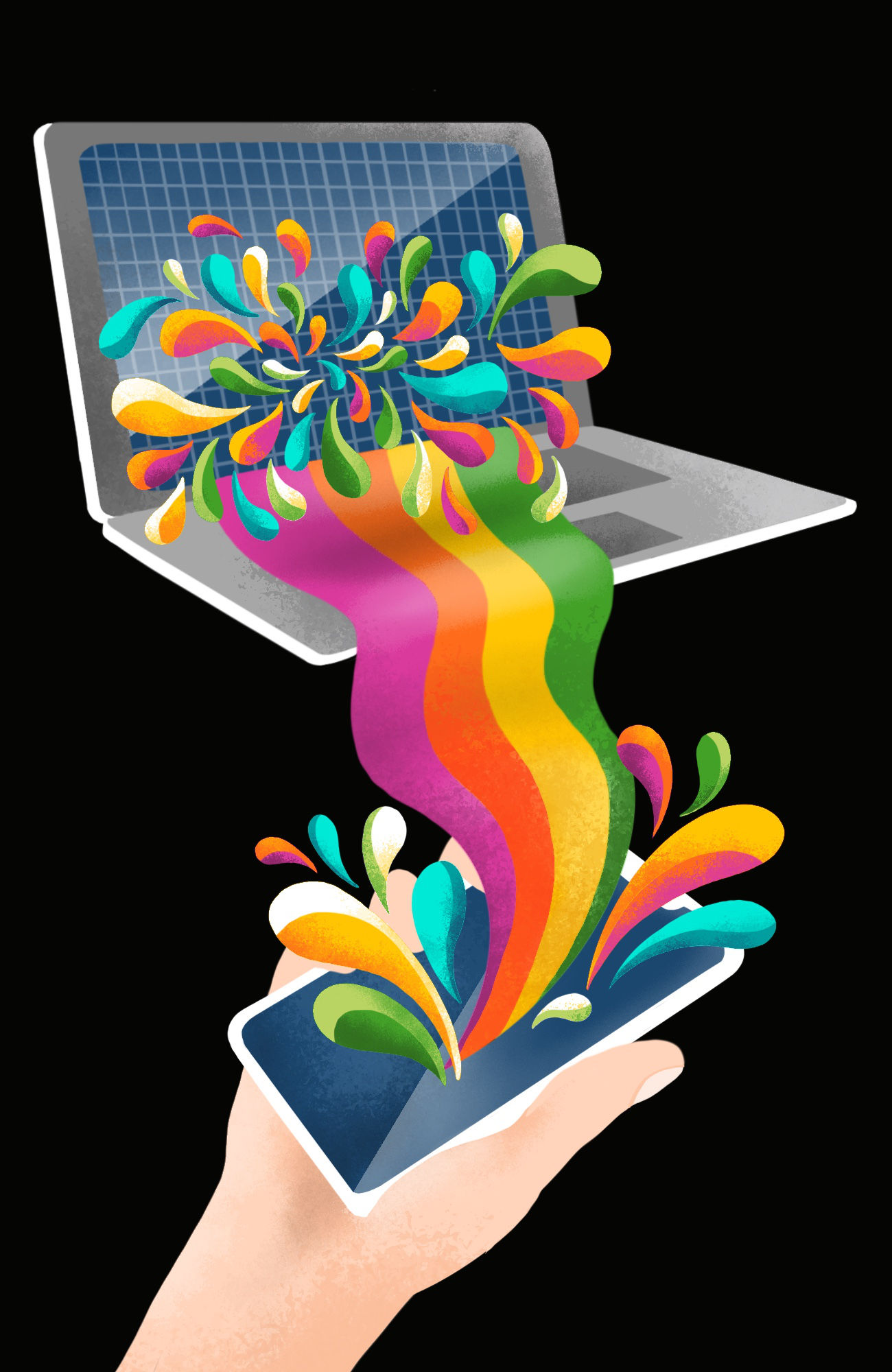 Rainbow paint pouring out of a laptop into a mobile device, representing software built to work on all screen sizes